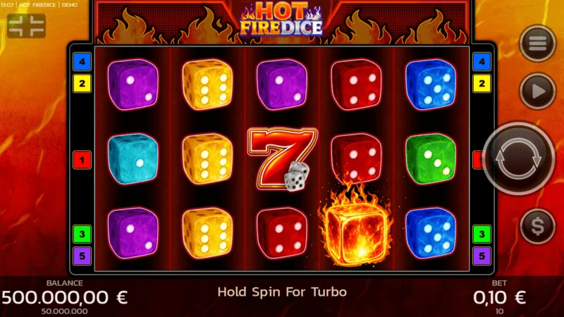 Hot Fire Dice - skrini ya mchezo ikiwa na namba saba zinazowaka